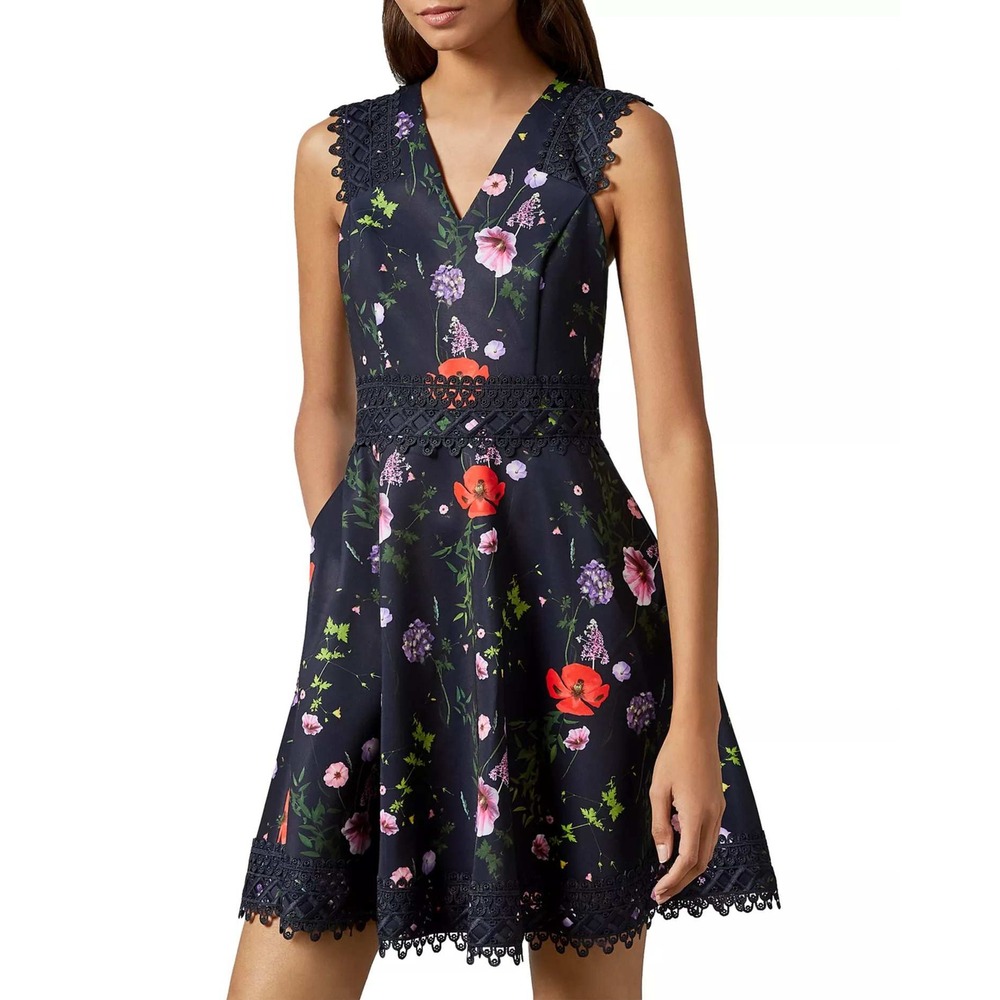 Ted Baker Mayo Hedgerow-Print Lace-Trimmed Skater Dress Wedding Garden Party